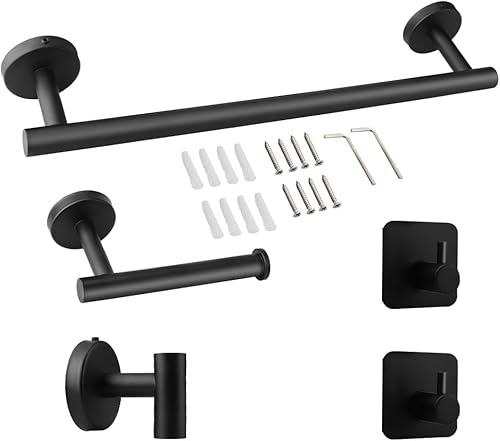 Porta Asciugamani Bagno, Set accessori bagno, 5 pezzi, da parete, comprendente 1 porta asciugamani, 1 porta rotolo di carta igienica e 3 ganci per asciugamani, adatto per bagno e cucina (nero) - Honorern