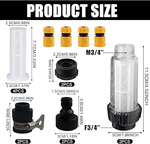 Set di 2 filtri dell'acqua, tubo da giardino, 3/4 pollici, prefiltro dell'acqua, set con 4 inserti per filtri e 4 adattatori rapidi per idropulitrici, pompa da giardino, irrigazione da giardino, - Honorern