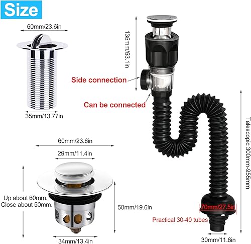 Kit di Scarico Lavandino Bagno, Piletta Lavabo Bagno, Tubo Scarico Lavandino, Allungabile da 300-955 mm (Nero) - Honorern