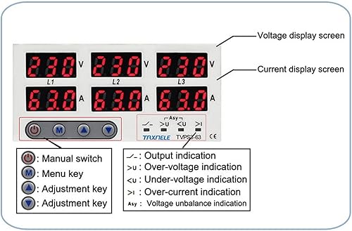 AC390‑500V Voltmetro su Guida DIN Trifase Amperometro Sovratensione Protezione da Sovracorrente Ripristino Automatico Display Digitale Tensione Corrente Tempo Reale(63A) - Honorern