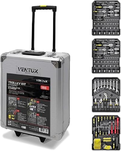 Valigia degli attrezzi composta da 186 pezzi || attrezzi riposti in 4 vassoi con ruote e manico telescopico || Set Completo di Utensili Per Fai da Te e Professionisti || trolley degli attrezzi - Honorern