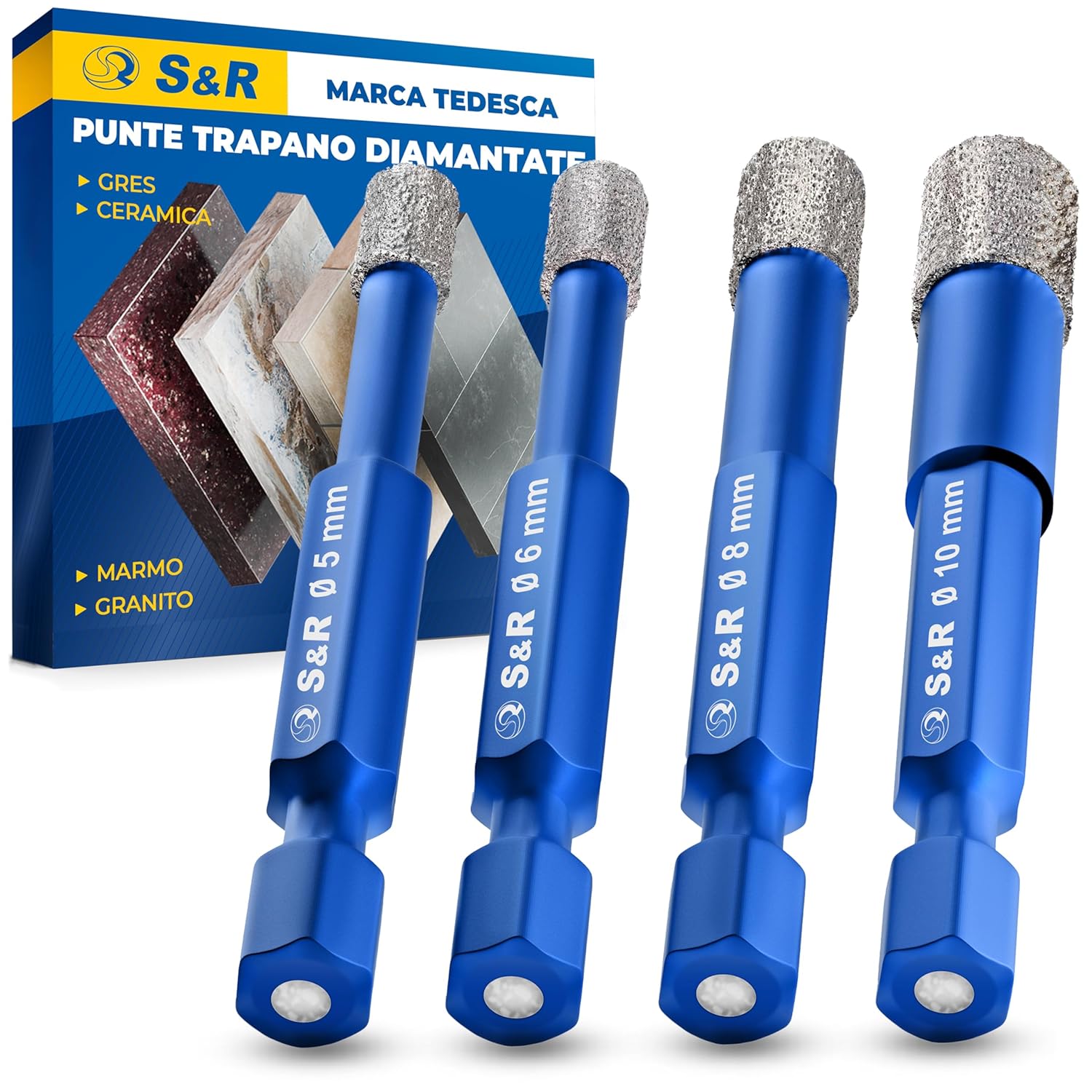 S&R Punta Trapano per Piastrelle, Vetro, Ceramica Professionali, Set trapano Piastrelle, Box in plastica 4 PZ.: 4,5,6,8 mm - Honorern