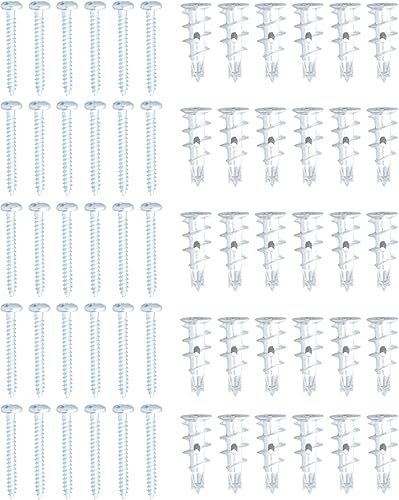 60 Pezzi Tasselli per Cartongesso e Vite, Tasselli Autoperforanti in Metallo per Cartongesso con Viti, per Installazione su Cemento, Mattoni e Cartongesso - Honorern