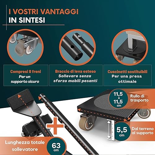 L'innovativo sollevatore mobili di FAIRMO (Con freni) - 4 ruote per mobili e 1 sollevatore mobili (incl. cuscinetti antiscivolo) - Ruote rivestite in TPE - Set con ruote per spostare mobili - Honorern