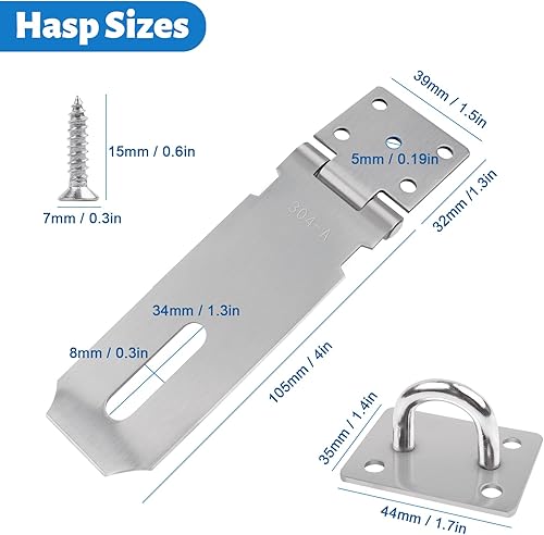 Lucchetto Haspe da 5 pollici, in acciaio inox 304, serratura di sicurezza, con viti, lucchetto per lucchetto, armadi, cancelli (L×W=137×39mm) - Honorern