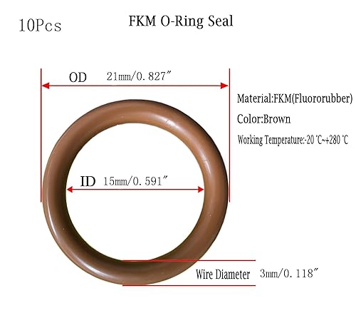 Guarnizione O-ring FKM marrone 21mm x 15mm x 3mm, 21mm OD, 15mm ID, 3mm Larghezza Guarnizioni di tenuta O-Ring, Pacchetto di 10 - Honorern