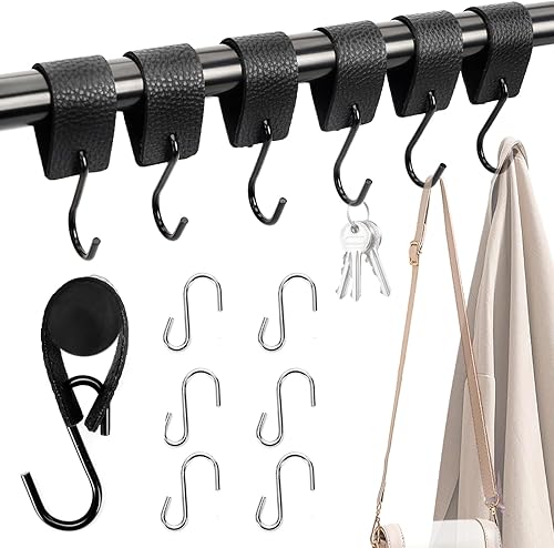 Set da 6 Ganci a S con Rivestimento in Pelle Anticaduta - Ganci per Appendiabiti Multifunzionali in Acciaio Inox (Nero/Argento) per Cucina, Bagno, Camera - Ideali Come Ganci da Campeggio - Honorern