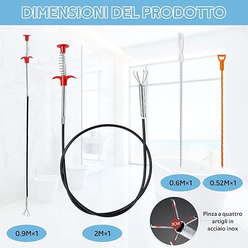 ZYNERY 2 Pezzi Pinze ad Artiglio Flessibili per Sonda Sturatubi di Scarico 90cm/ 200cm Molla Sturatubi Spirali per la Pulizia dei Tubi in Spazi Rristretti Spazzola Tubi Scarico per Cucina, Bagno - Honorern
