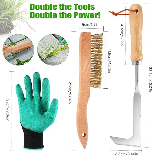 2pcs Estirpatore Erbacce Manuale con Guanti - Raschietto e Spazzola per Erbacce con Manico Ergonomico Legno e Attacco Lama Rinforzato, Attrezzi da Giardino per Cortili, Vialetti - Honorern