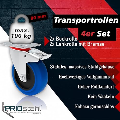 Ruote per il trasporto con freno, 80 mm, per mobili, carichi pesanti, set di ruote in gomma, ruote girevoli per tavola di rotelle, officina, mobili pesanti, mobili per pallet, carrelli di incenso, - Honorern