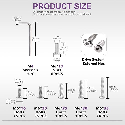 120 pezzi M6 x 16 mm/20 mm/25 mm/30 mm/35 mm nichelato nastro esagonale bullone bullone dado a barilotto kit con 1 chiave a brugola, vite per mobili cintura svasata Bulloni in pelle - Honorern