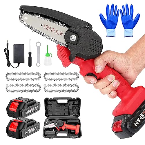 Mini Motosega a Batteria Seghe potatrici Elettriche a Batteria Da 4 Pollici Motoseghe Elettriche Portatili 24v 500w Seghe potatrici Per Taglio Del Legno Del Ramo Di Un Albero ,Red mini chainsaw - Honorern