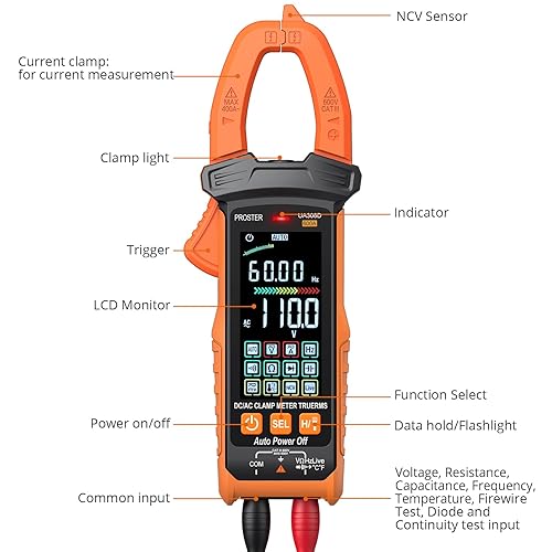 Proster Pinza Amperometrica Intelligente a Nero Auto-Ranging 600 AC/DC Tensione e Corrente 6000 Conti Test di Resistenza/Diodo/Capacitanza/Temperatura/1000kHz/LIVE/NCV con Display Analogico a Barre - Honorern