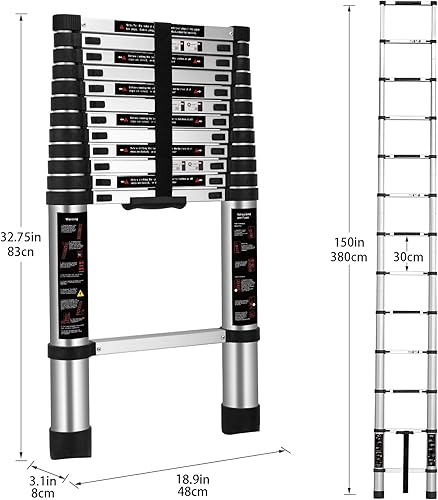JUNSHEN Scala telescopica in alluminio, design decelerazione a pulsante singolo, scala estensibile pieghevole multiuso EN131, 3,8 m, capacità di carico 150 kg - Honorern