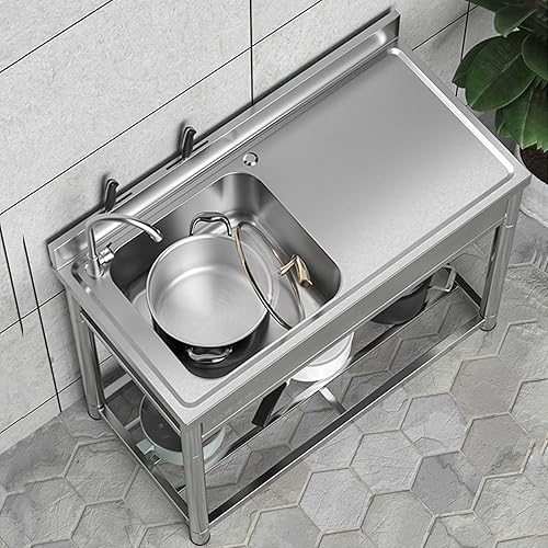 Acciaio Inox Professionale Lavello da Cucina Commerciale con Piattaforme di Lavoro e Rubinetto, Lavello da Esterno Autoportante con Ripiano di Stoccaggio per Garage, Lavanderia, 100 x 50 x 90 cm - Honorern
