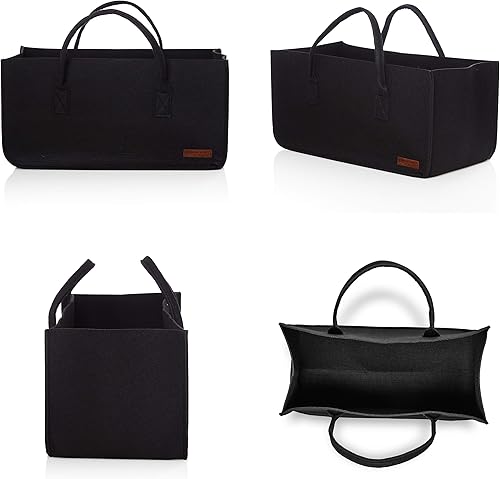 cesta da Camino, Borsa di Feltro per Legna da ardere con Maniglia Rettangolare Circa 50 x 25 x 25 cm Nero - Honorern