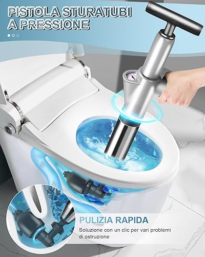 Pompa Stura Lavandini Scarichi a Pressione, Stura WC Stantuffo per WC con Barometro Visuale Sturalavandino ad Aria Compressa per Disintasare Bagno Cucina lavandino Scarico a Pavimento Vasca - Honorern