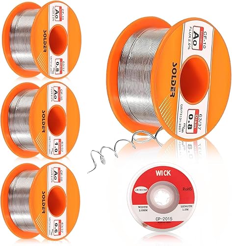 4 Pezzi Filo Stagno Saldatura 50g Filo Saldatura Nucleo Colofonia con Treccia Dissaldante Adatto per Lavori di Saldatura DIY Riparazioni Elettriche (0,6/0,8/1 mm) - Honorern
