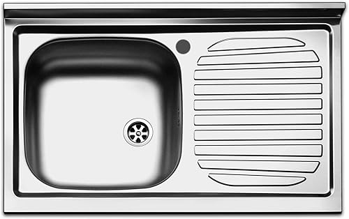 Lavello cucina appoggio Apell mod. Pisa in acciaio Inox, misura cm.80x50, con vasca singola a sinistra e gocciolatoio a destra, completo di scarico - Honorern