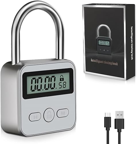 mizikuu Smart Time Lock, Lucchetto Smart con LCD Display Blocco Tempo Massimo 99 ore Lucchetto Timer Temporaneo Ricaricabile USB Lucchetto Digitale per Studio, Lavoro,Palestra, Bianco - Honorern