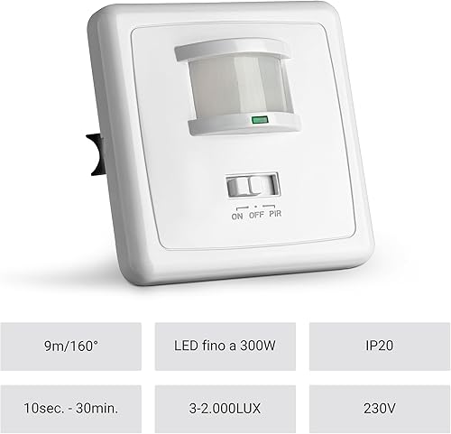 2x Rilevatore di Movimento per Luci Interno, Montaggio a Parete da Incasso, LED Adatto, Programmabile, Sensore Infrarossi, 9m/160° - Honorern