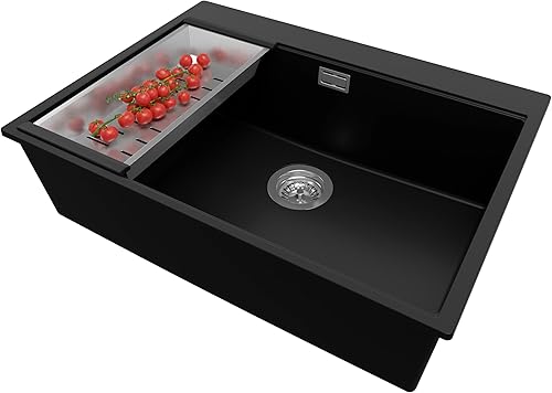 PRIMAGRAN Lavandino da Cucina Tutto Nero 68x50cm, Lavello da Cucina a 1 vasca + Sifone Classico + Rubinetto 40x22cm + Accessorio, Lavabo da Cucina Incasso al mobile 70cm - Oslo - Honorern