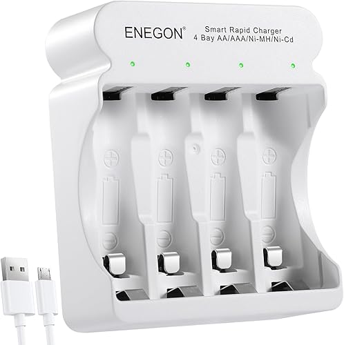 ENEGON 4 Slot Caricabatterie Ultra Veloce Di Batterie Ricaricabili: Appositamente Progettato Per Batterie AA e AAA Con Ingressi Type-C e Micro-USB, Tecnologia Avanzata Di Rilevamento Intelligente. - Honorern