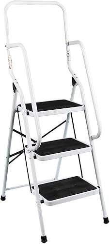 Scala a 3 Gradini con Corrimano Pieghevole di Sicurezza Antiscivolo Matt Safe Heavy Duty, Acciaio, Bianco, Nero, 135 x 48 x 72 cm Circa - Honorern