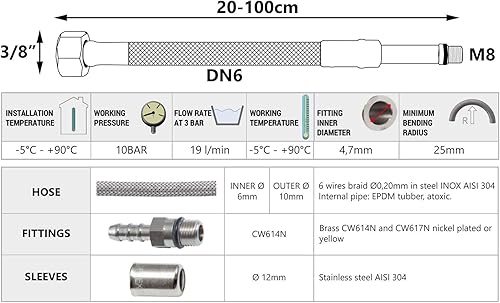 25cm Lungo M8 x 3/8' Inch BSP Flessibile Rubinetto Connettore Tubo Flessibile - Honorern
