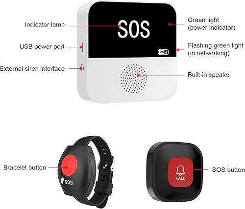 Pulsante di Emergenza per Anziani, Wireless Sistema di Chiamata di Emergenza, Bracciale di Emergenza per Anziani, Pulsante di Chiamata WiFi Caregiver Pager, Per Pazienti Anziani, Disabili, Bambini - Honorern