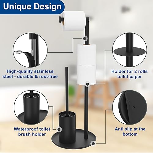 Susswiff Piantana Portarotolo e Scopino - Porta Carta Igienica Nero, Acciaio Inox con Spazzolino WC, Porta Rotoli Bagno, in Piedi - Honorern