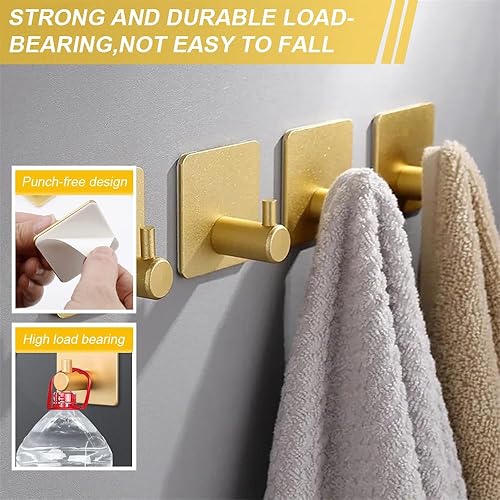 Set di 6 Ganci Adesivi in ​​Acciaio Inossidabile Oro,Ganci appendiabiti e portasciugamani,Ganci Adesivi per Appendere Oggetti per Cucina e Bagno Senza Forare - Honorern