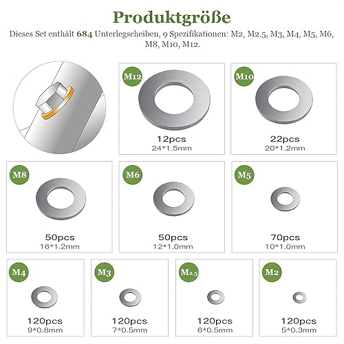 Set di rondelle in acciaio inox, 684 pezzi, rondelle piatte, set di dischi di sicurezza, con una scatola assortita. Totale 9 diverse dimensioni (M2 M2.5 M3 M4 M5 M6 M8 M10 M12) - Honorern