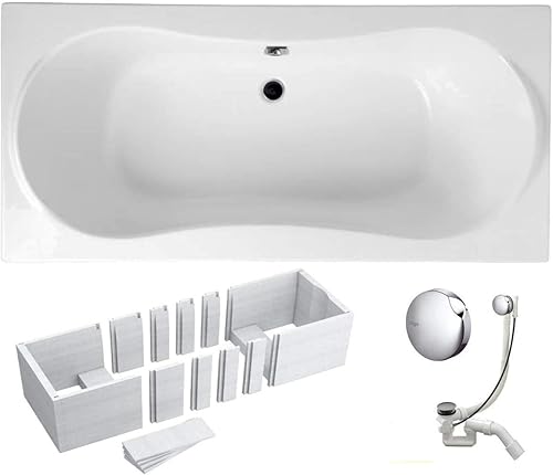 Vasca da Bagno 170x80 cm Rettangolare, Set Acrilico 3 in 1 con Supporto, Sifone, Design Classico per 2 Persone, Bianco, Polistirolo, Cromato, Vasca Freestanding, Elegante e Resistente - Honorern