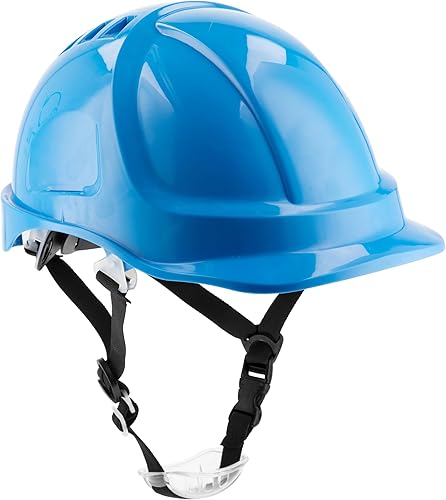 Högert Technik - Casco protettivo PLONER blu tinta unita | Casco protettivo per lavoratori edili | EN 397 | regolabile con un pulsante | fori di ventilazione | fascia di sudore | protezione dai raggi - Honorern