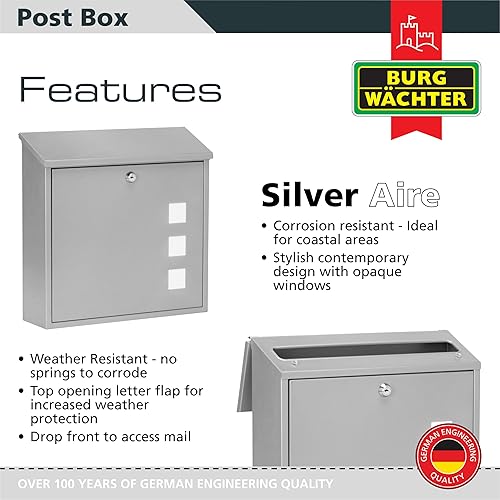 Burg-Wachter MB08ST Aire - Cassetta postale a parete in acciaio inox con serratura resistente alle intemperie, 37 x 36 x 11 cm - Honorern