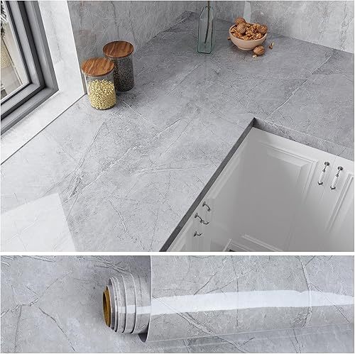Carta da Parati Marmo Grigio Chiaro Moderna 40 cm x 900 cm Carta Adesiva Effetto Marmo Lucida Pellicola Autoadesiva per Cucina Carta da Parati Adesiva Muro Bagno Cameretta Lavabile Rimovibile - Honorern
