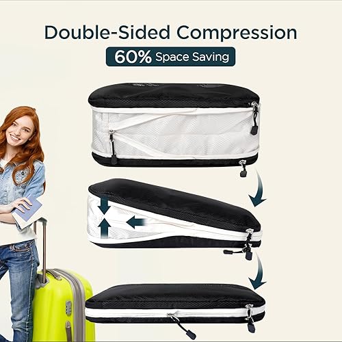 Set di 4 Sacchetti a Compressione Doppia Faccia, 3 Cubi Compressione 1 Bustina per Scarpe, Compression Packing Cubes Organizer Valigia Salvaspazio per Viaggi, Escursioni e Crociere - Honorern