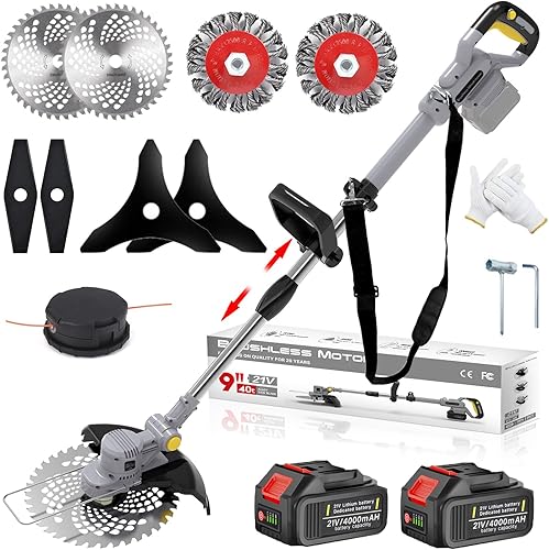 Tagliabordi a Batteria 21V, Decespugliatore a Batteria 4 In 1 con Spazzola per Erbacce e 2 Batterie 4,0 Ah Brushless Tagliaerba Elettrico per Rifinire Giardini, Prati e Arbusti (Grigio) - Honorern