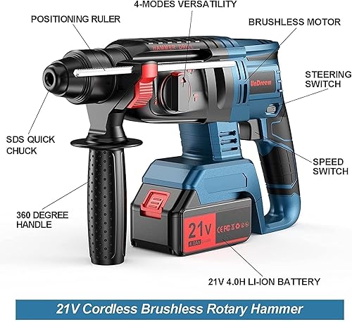 Martello Perforatore a Batteria, Martello Demolitore, Martello Tassellatore a Batteria, 4 in 1 Funzione, Adattatore SDS-plus con Mandrino, 3 Punte, 2 Scalpelli, 2 * 4000mAh Batteria - Honorern