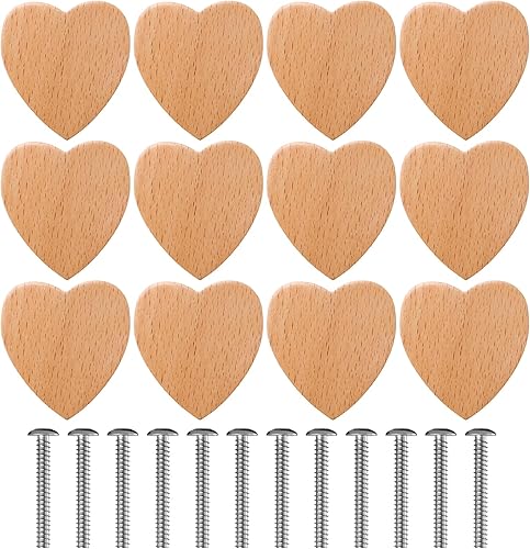 WIYETY 12 pomelli a forma di cuore per armadio, in legno, per mobili, in legno, per cassettiere, pomelli in legno, pomelli per armadi, cassetti, mobili (a forma di cuore) - Honorern