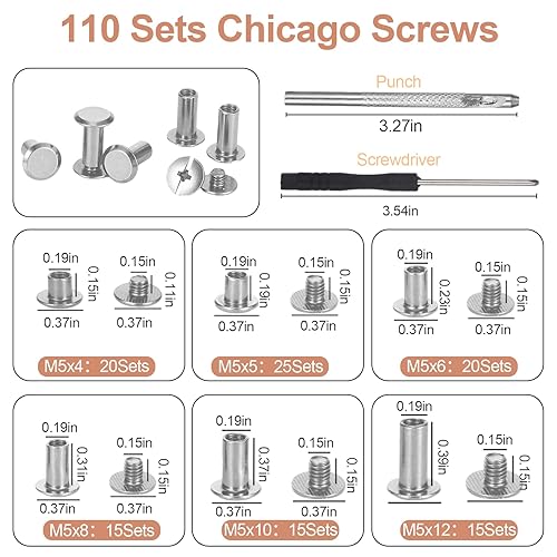 Set di 110 rivetti a vite neri con scatola di assortimento, viti per libri in acciaio inox, set di viti Chicago, 6 misure, M5 x 4/5/6/8/10/12 mm, rivetti in pelle, borchie per borse in pelle, zaini - Honorern