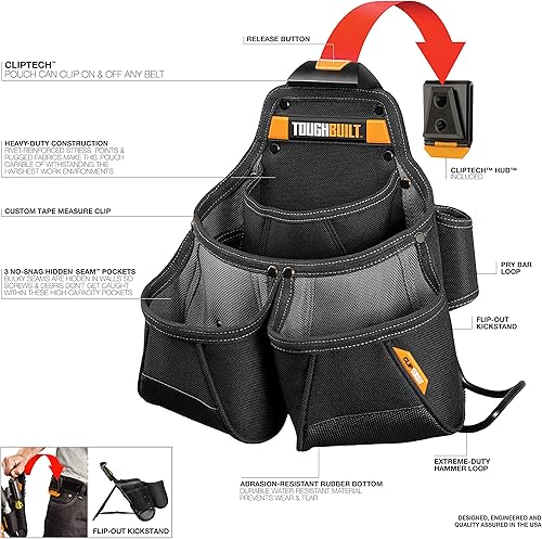 ToughBuilt - Multi-Pocket Organizer Tool Pouch - Heavy Duty, Deluxe Premium Quality, Durable - Patented ClipTech ™ Hub & Work Belts - Honorern