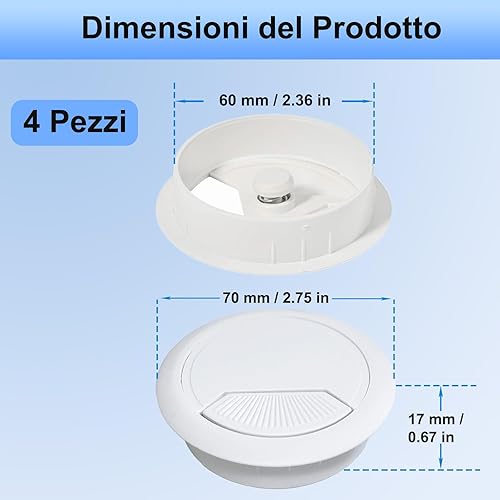 4 Pezzi Passacavi da Scrivania, Foratura per Uscita Cavo Ø 60 Mm, Passacavo Bianco per Scrivania e Postazioni di Lavoro - Honorern