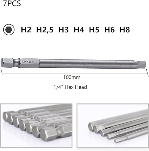 7 Pezzi Punte per Avvitatore Esagonale Lunghi Professionali, Set di Testa Esagonale Inserti Cacciavite Magnetici, Brugola H2-H8, Codolo Esagonale da 1/4', 100mm, Acciaio S2 - Honorern