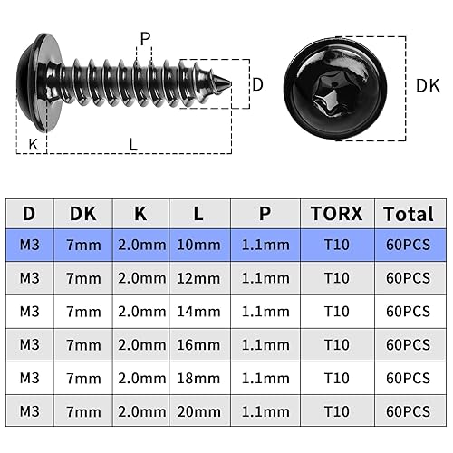60 viti per legno, colore nero, M5 x 25 mm, viti a testa bombata nere, zincate, a testa piatta, autofilettanti con disco per pannelli acustici 304, in acciaio inox - Honorern