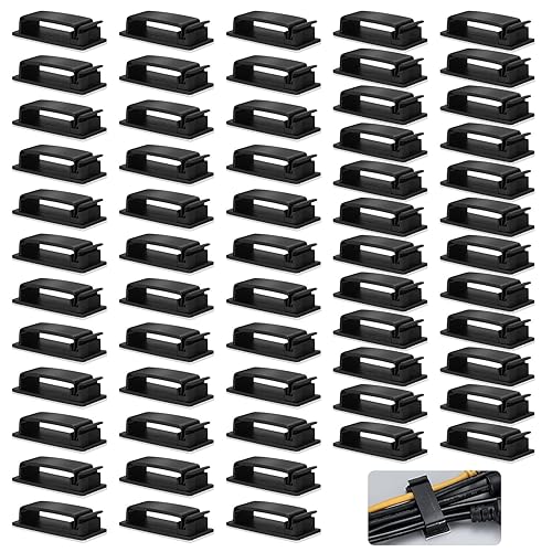 60 clip per cavi autoadesive, per cavi, per ufficio, cavo piatto, nero - Honorern