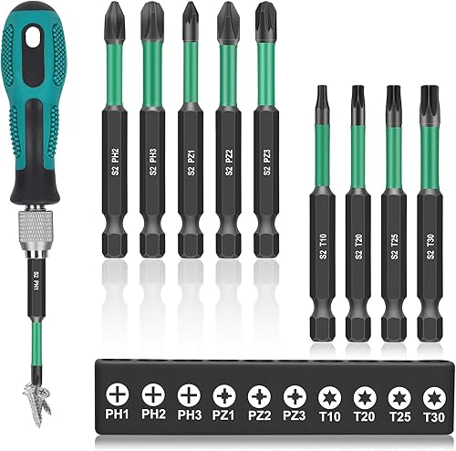 10 x 70mm Bit di Cacciavite Magnetico Lungo con Manico del Cacciavite, 1/4' Hex Shaft con Torx, Phillips, Pozidriv, per Cacciaviti Elettrici e Manuali - Honorern