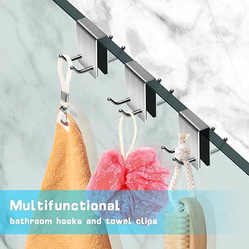 Doppio Gancio per Doccia, 2 Pezzi Gancio Doccia Acciaio Inossidabile Doppio Gancio Set Ganci Asciugamani Bagno + 2 Clip per Asciugamano, per Vetro della Doccia Inferiore a 11 mm - Honorern