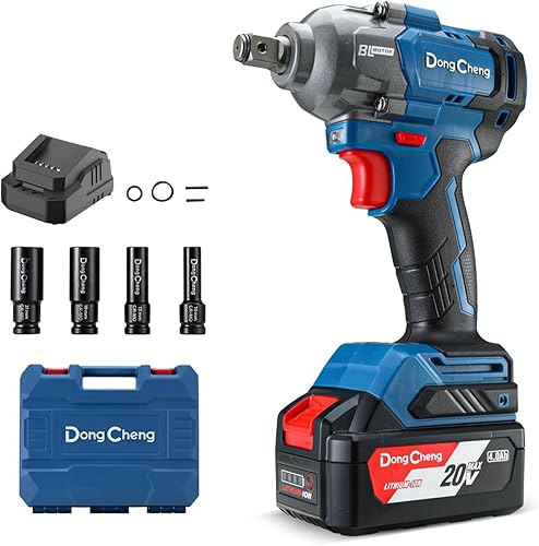 DongCheng - Avvitatore a percussione a batteria da 18 V, senza spazzole da 1/2', 488 Nm, cambio a 3 marce, con 4 bussole a percussione, batteria da 4000 mAh e caricatore da 2 A in valigetta pesante - Honorern